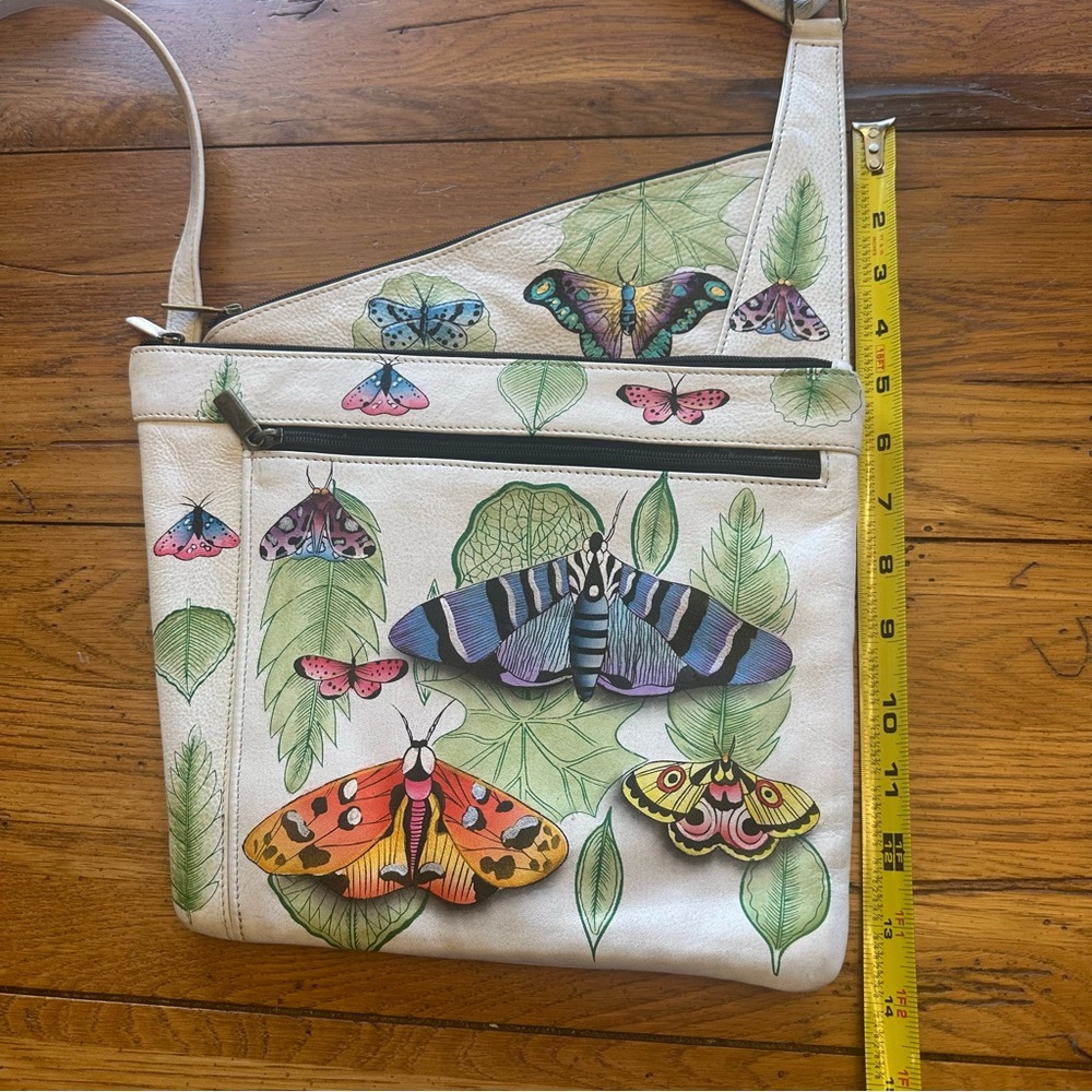 ANUSCHKA Leather Hand Painted Asymmetric Slim Crossbody Bag Butterfly Moth Print - Picture 3 of 12